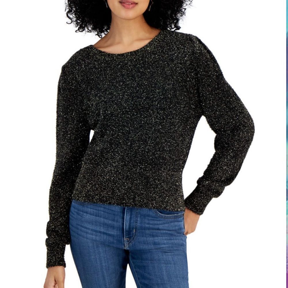 Metallic Eyelash-Knit Black Crewneck Sweater NWT Size Medium Long Sleeve